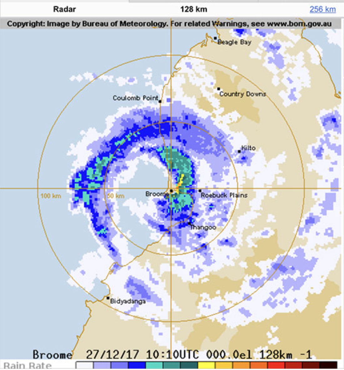 Radar image of Cyclone Hilda surrounding Broome Car under water